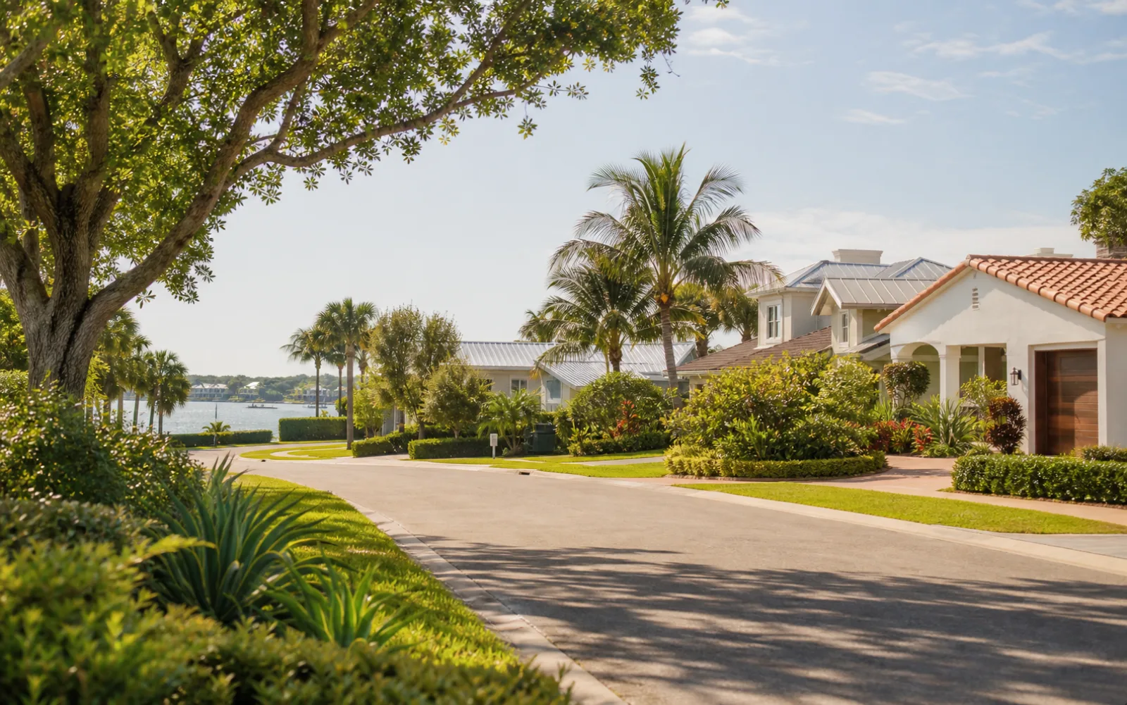 Sunny coastal Florida neighborhood with palms, homes, and water nearby